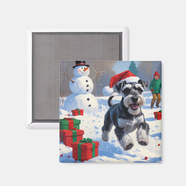 Aimant Schnauzer courant dans la neige avec un chapeau de (Recto/Verso)