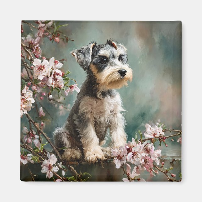 Aimant Schnauzer Puppy Among Spring Cherry Blossoms (Devant)