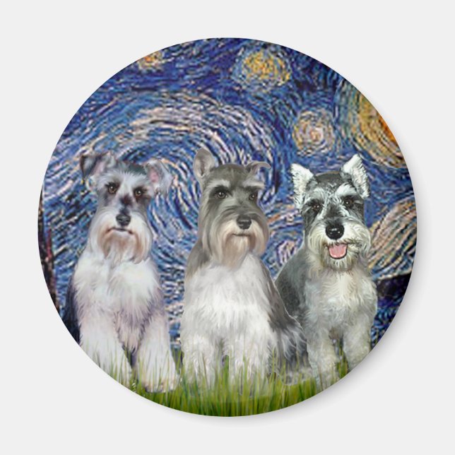 Aimant Schnauzers (trois) - Nuit étoilée (Devant)
