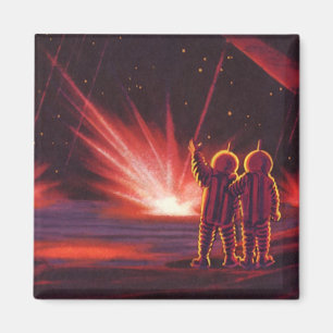 Aimant Science-fiction vintage d'alien sur une planète ro