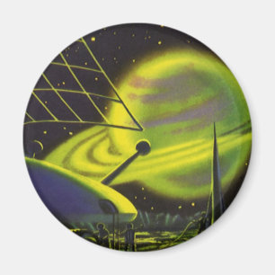 Aimant Science-fiction vintage Neon Green Planet w Rings
