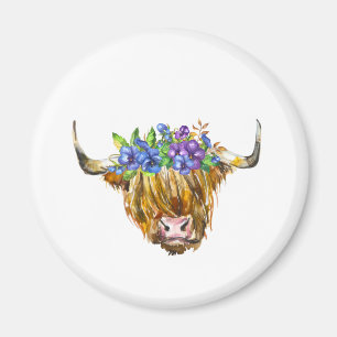 Aimant Scottish Highland Cow with Flowers Watercolor 