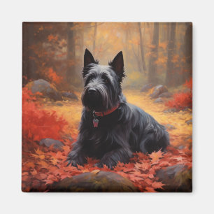 Aimant Scottish Terrier dans les feuilles d'automne qui t