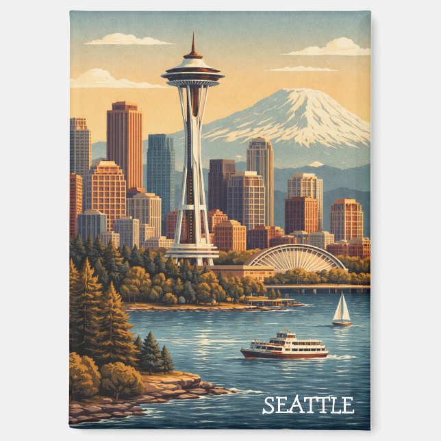 Aimant Seattle, Washington Skyline de voyage vintage (Recto)