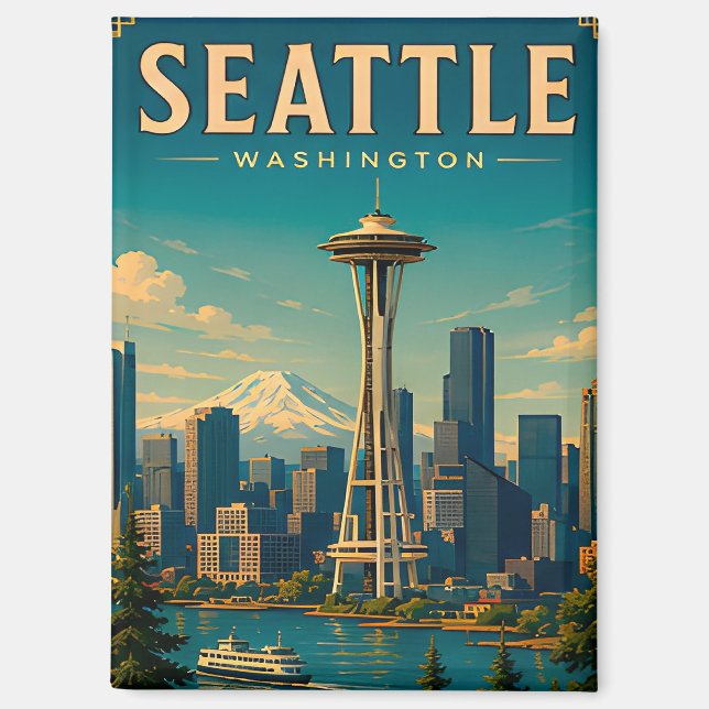 Aimant ☕ Seattle Washington Souvenir de vacances rétro (Recto)