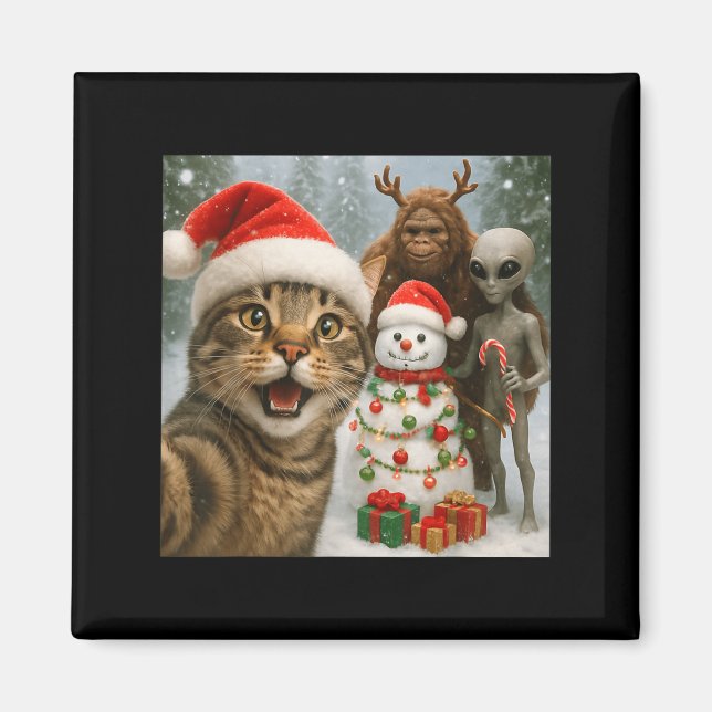 Aimant Selfie Chat De Noël Drôle Avec Alien Bigfoot &amp (Devant)