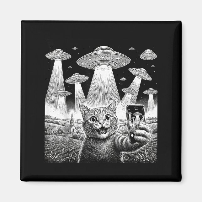 Aimant Selfie de chat avec un OVNI extraterrestre Cadeaux (Devant)
