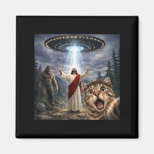 Aimant Selfie de chat drôle avec bigfoot ufo et Jésus Pâq