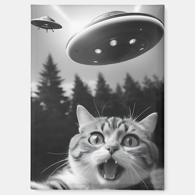 Aimant Selfie de chat drôle avec des drones Aliens UFO (Recto)