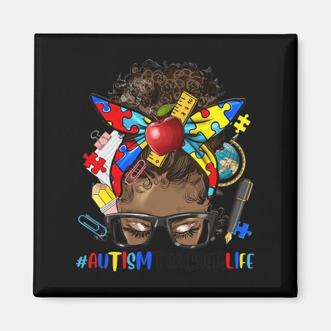 Aimant Sensibilisation sur l'autisme Afro Messy Bun Melan (Devant)