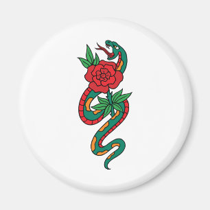 Aimant Serpent enveloppé autour d'un tatouage rose rouge