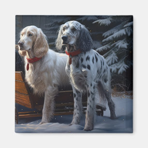 Aimant Setter Anglais Sleigh Neigeux Décor Noël