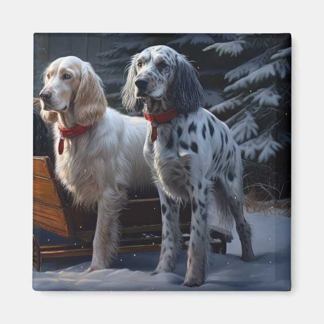Aimant Setter Anglais Sleigh Neigeux Décor Noël  (Devant)