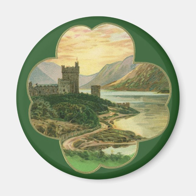 Aimant Shamrock vintage Lucky Gold avec château irlandais (Devant)