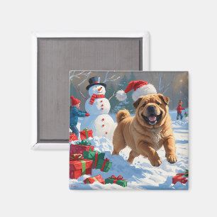 Aimant Shar Pei courant dans la neige avec un chapeau de 