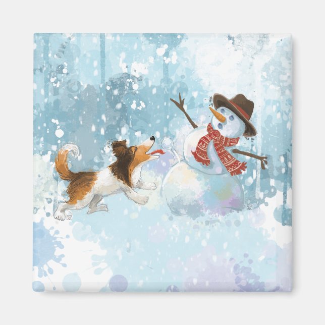 Aimant Sheldon le Sheltie et le Bonhomme de Neige (Devant)