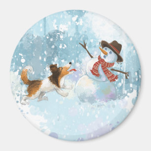 Aimant Sheldon le Sheltie et le Bonhomme de Neige