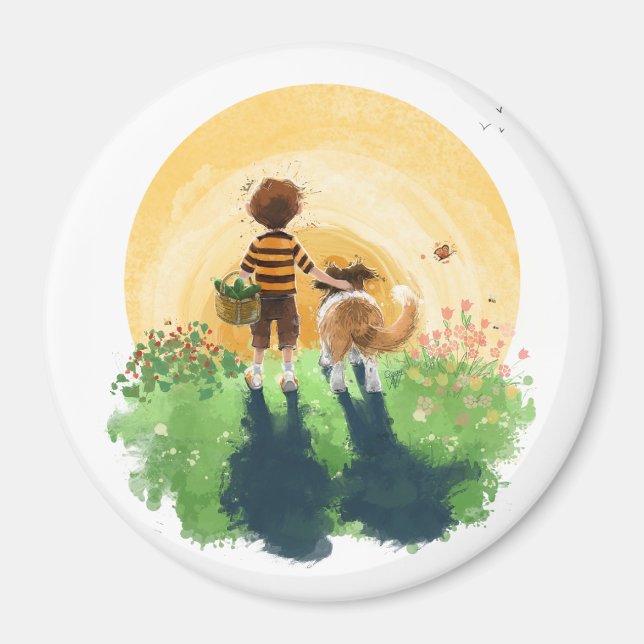 Aimant Sheltie Dog and Boy Walk in Sunset (Devant)