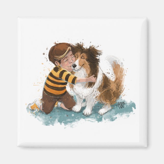 Aimant Sheltie et garçon câlinent (Devant)