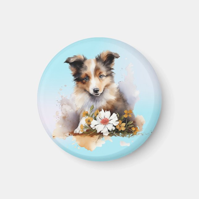 Aimant Shetland Sheepdog Chiot Pet Aquarelle (Devant)