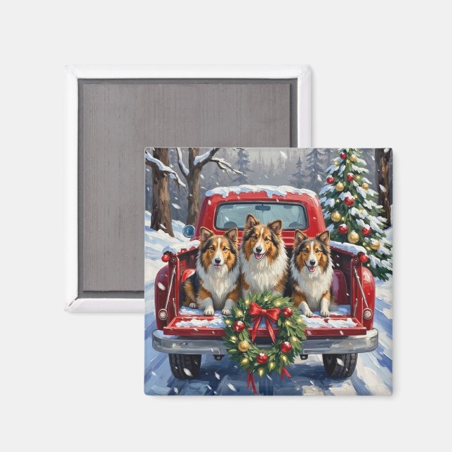 Aimant Shetland Sheepdog Christmas Red Truck Holiday (Recto/Verso)