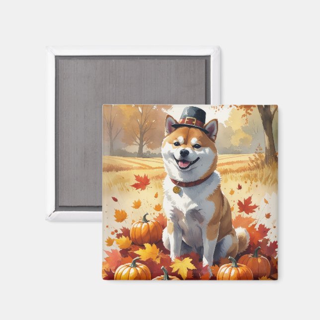Aimant Shiba Inu À L'Automne Laisse L'Art Thanksgiving (Recto/Verso)