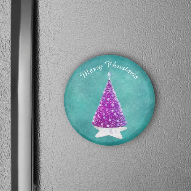 Aimant Shiny Pink Christmas Tree Silver Stars Teal (Shiny pink tree star rug silver ornament on Merry Christmas teal round magnet.)