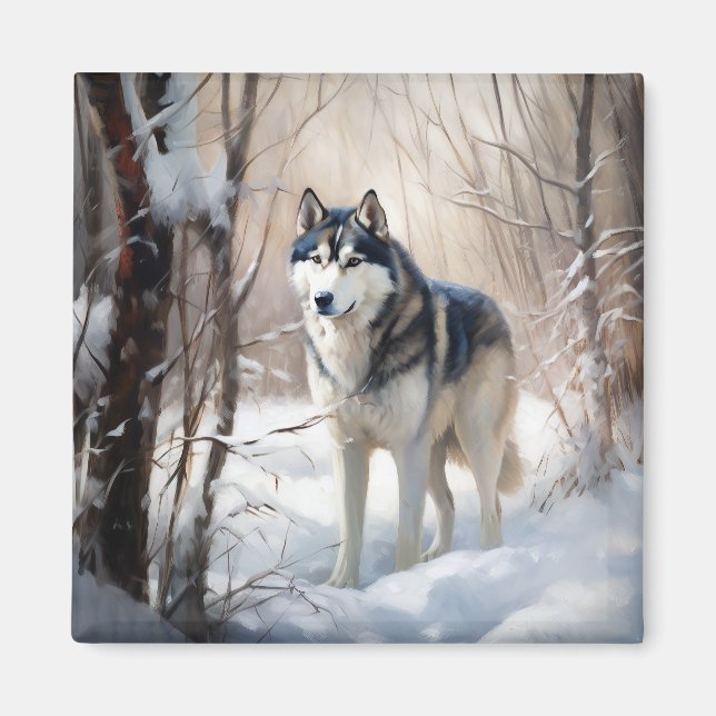 Aimant Siberian Husky Qu'il neige Noël (Devant)