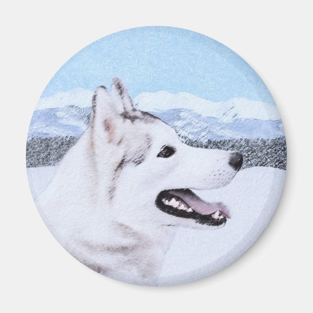 Aimant Sibérie Husky (argent et blanc) Peinture Chien Art (Devant)