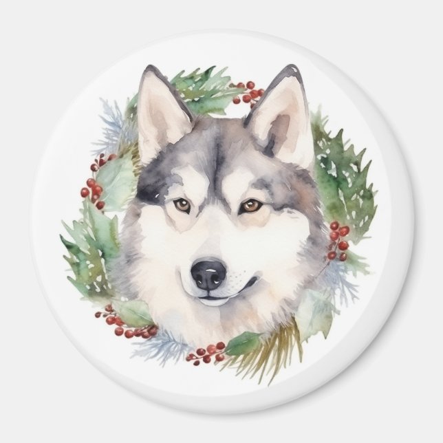 Aimant Sibérie Husky Christmas Wreath Festive Pup (Devant)