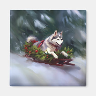 Aimant Sibérien Husky neige de Noël hiver