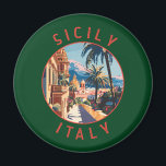 Aimant Sicile Italie Retro Cercle désorganisé<br><div class="desc">Conception de déplacement vectoriel rétro en Sicile. La Sicile,  la plus grande île méditerranéenne,  se trouve juste à côté du "pied" de la "botte" italienne. Sa riche histoire se reflète dans des sites comme la Vallée des Temples.</div>