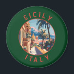 Aimant Sicile Italie Retro Cercle désorganisé<br><div class="desc">Conception de déplacement vectoriel rétro en Sicile. La Sicile,  la plus grande île méditerranéenne,  se trouve juste à côté du "pied" de la "botte" italienne. Sa riche histoire se reflète dans des sites comme la Vallée des Temples.</div>