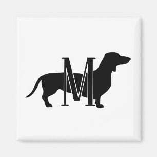 Aimant Silhouette de Doxie noir et blanc avec initiale mo