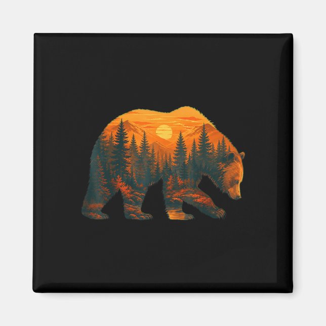 Aimant Silhouette d'ours avec paysage forestier et couche (Devant)