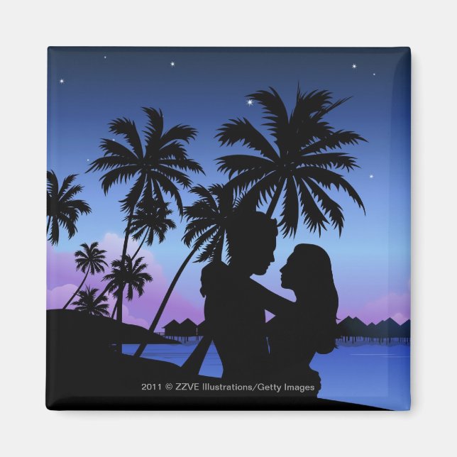 Aimant Silhouette d'un couple embrassant la plage (Devant)