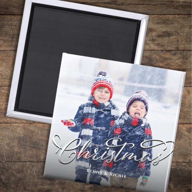 Aimant Simple Joyeux Modèle photo de Noël (Merry Christmas holiday photo magnet with silver calligraphy script. )