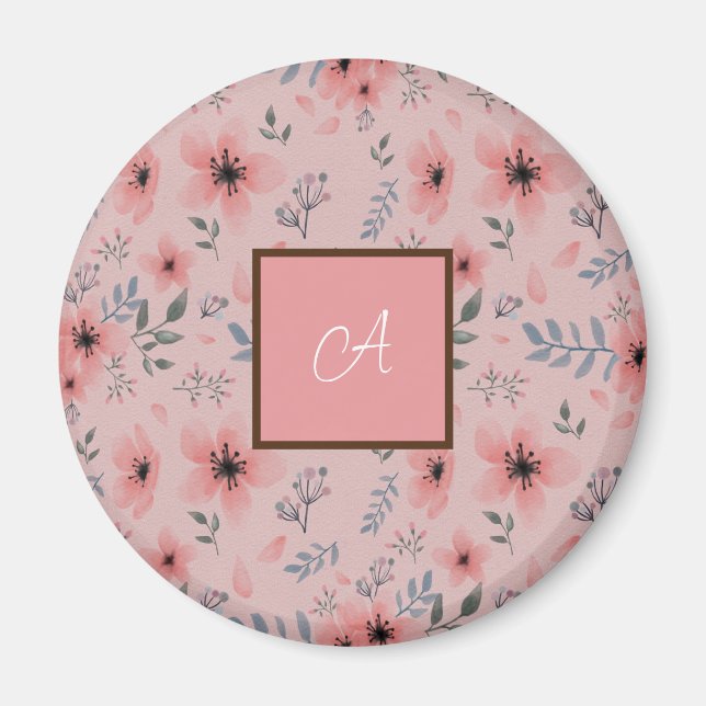 Aimant Simple mignon Fleur Rose Fleur Boho Monogramme (Devant)