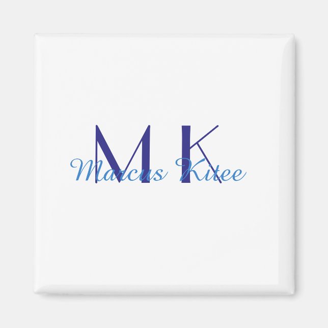 Aimant simple minimal monogram personalized name blue ret (Devant)