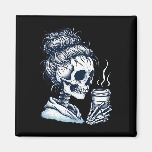 Aimant Skeleton Boire Café Messy Bun Femmes Halloween (Devant)