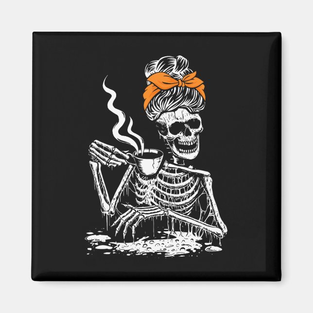 Aimant Skeleton Messy Bun Café Boire Halloween Costu (Devant)