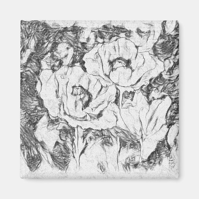 Aimant Sketched Pen Drawn poppies flowers floral whi (Devant)