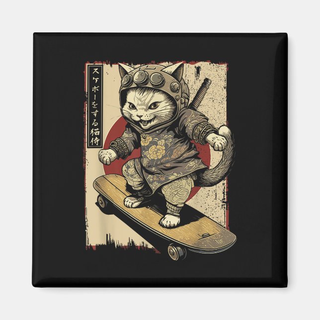 Aimant Ski Japonais Samurai Chat Tattoo Kawaii Ninj (Devant)