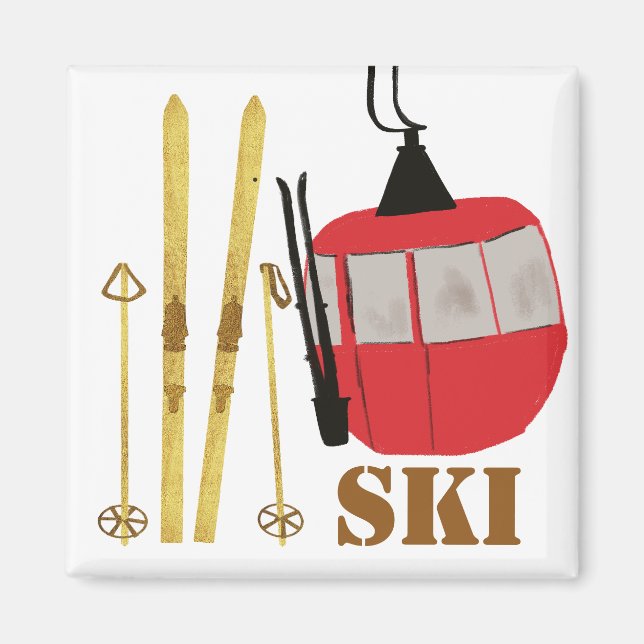 Aimant Skis Et Poles D'Or | Retro Ski Lift Holiday (Devant)