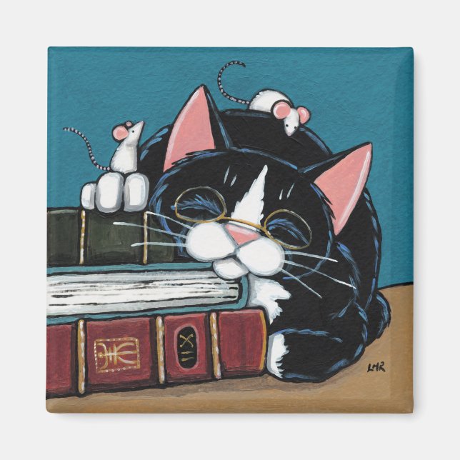 Aimant Sleeping Bookworm Tuxedo Chat et peinture de souri (Devant)