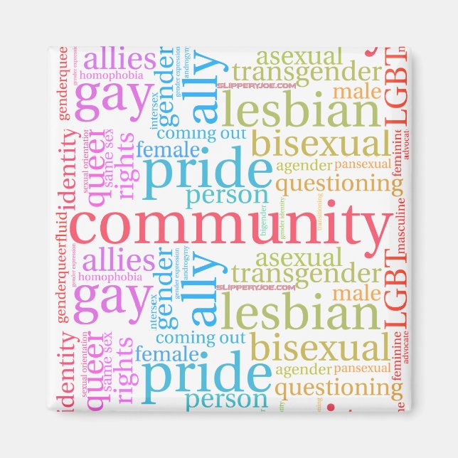 Aimant SlipperyJoe's rainbow community words colorful ide (Devant)