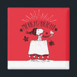 Aimant Snoopy and Woodstock - Merry & Bright<br><div class="desc">Check out this "Merry & Bright" graphic featuring Snoopy sitting on top of his doghouse with Woodstock flying in front,  like Santa and his reindeer.</div>