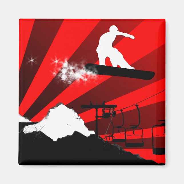 Aimant snowboard. rayons rouges. (Devant)