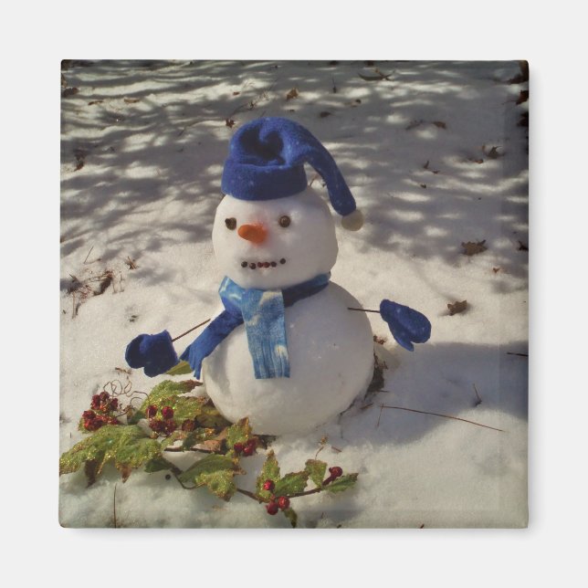 Aimant Snowman avec casquette bleu, gants et écharpe (Devant)