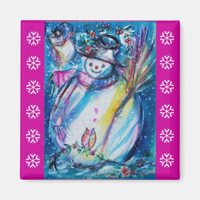Aimant SNOWMAN AVEC OWL / Violet blanc Flammes de neige (Devant)
